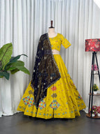 Yellow Roman Silk Navratri Lehenga Choli with Embroidered Georgette Dupatta full drape view