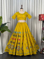 Yellow Roman Silk Navratri Lehenga Choli with Embroidered Georgette Dupatta blouse and dupatta detail