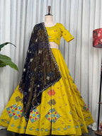 Yellow Roman Silk Navratri Lehenga Choli with Embroidered Georgette Dupatta embroidery close-up