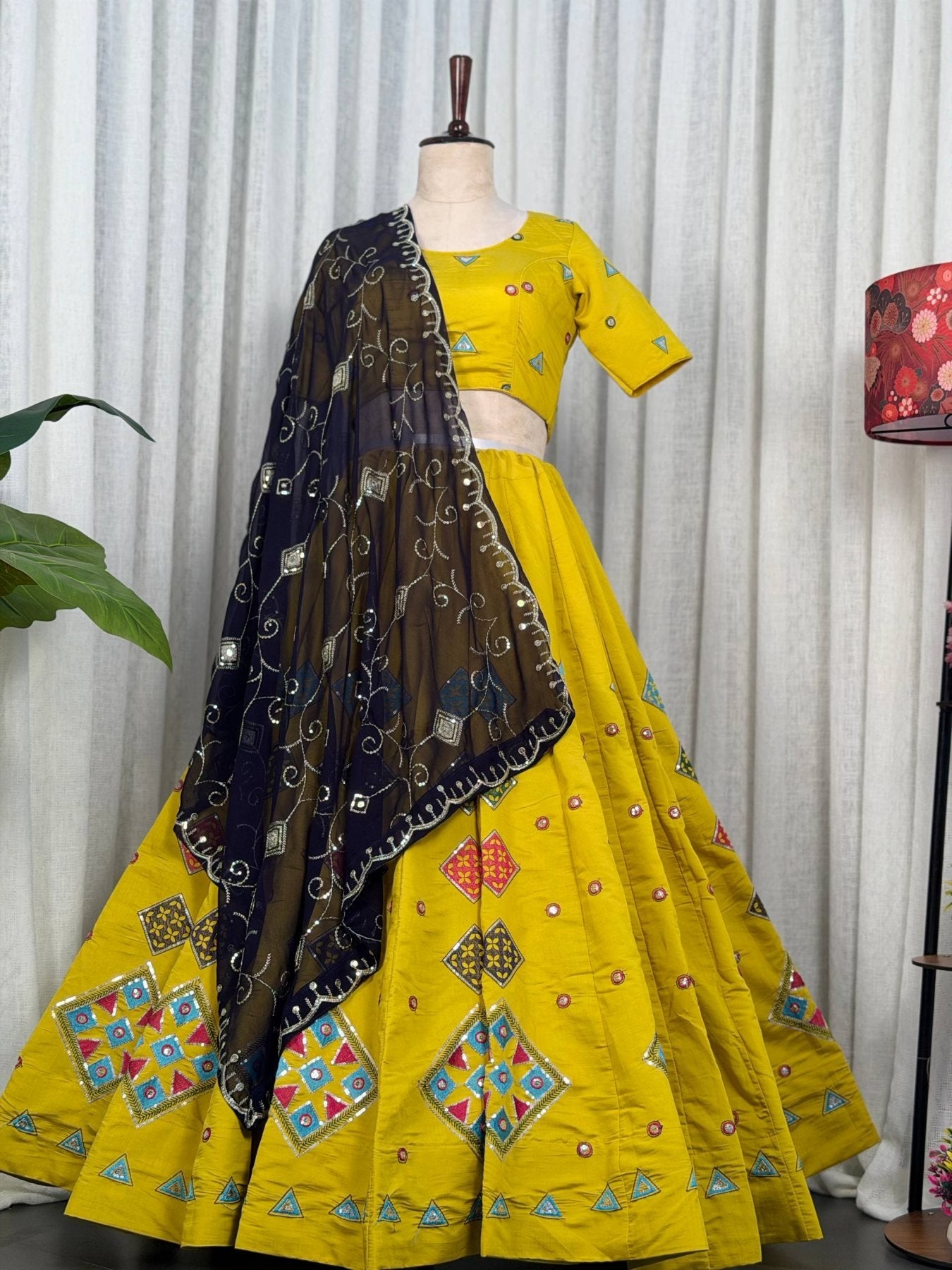 Yellow Roman Silk Navratri Lehenga Choli with Embroidered Georgette Dupatta embroidery close-up