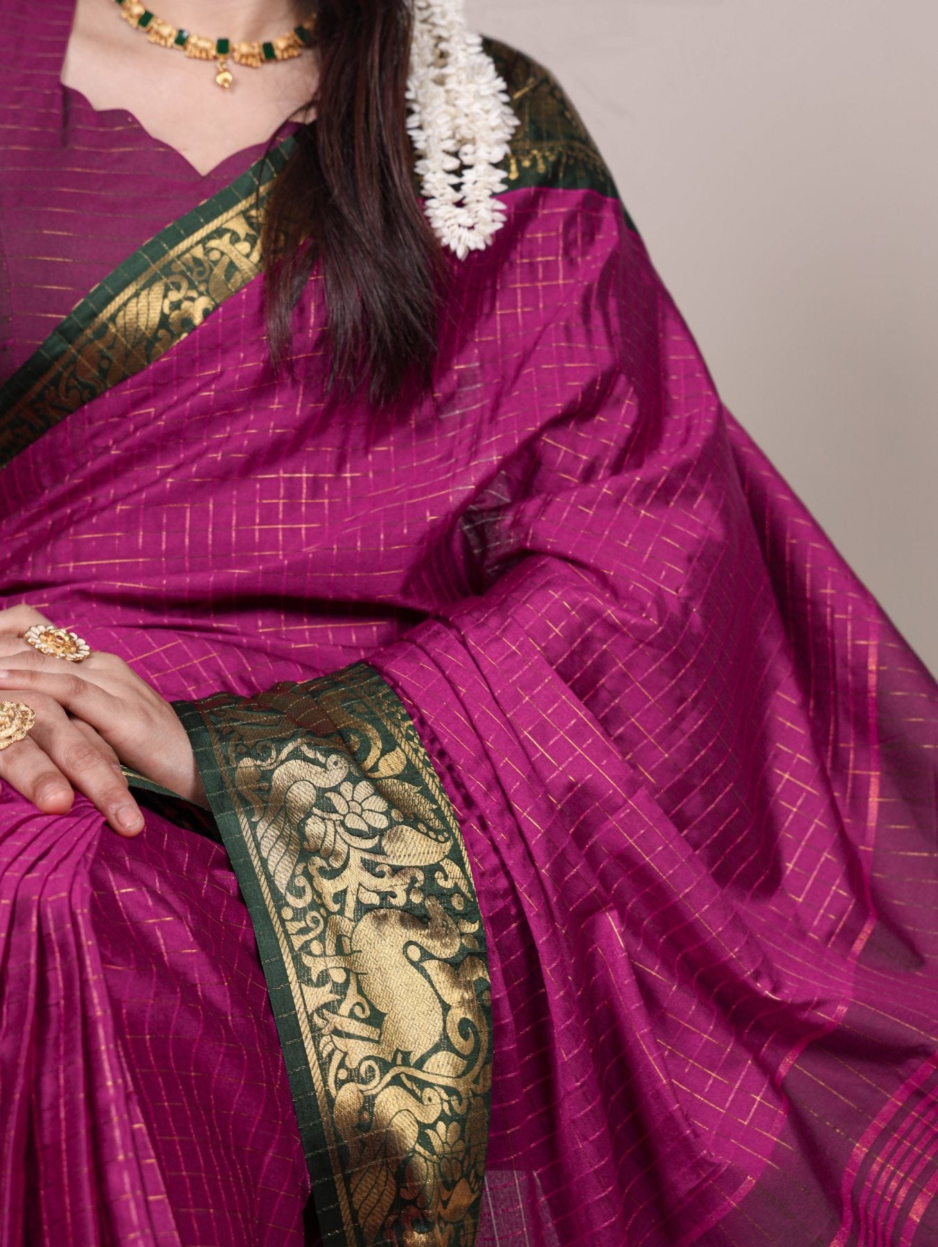 Golden Cotton Saree - side drape view
