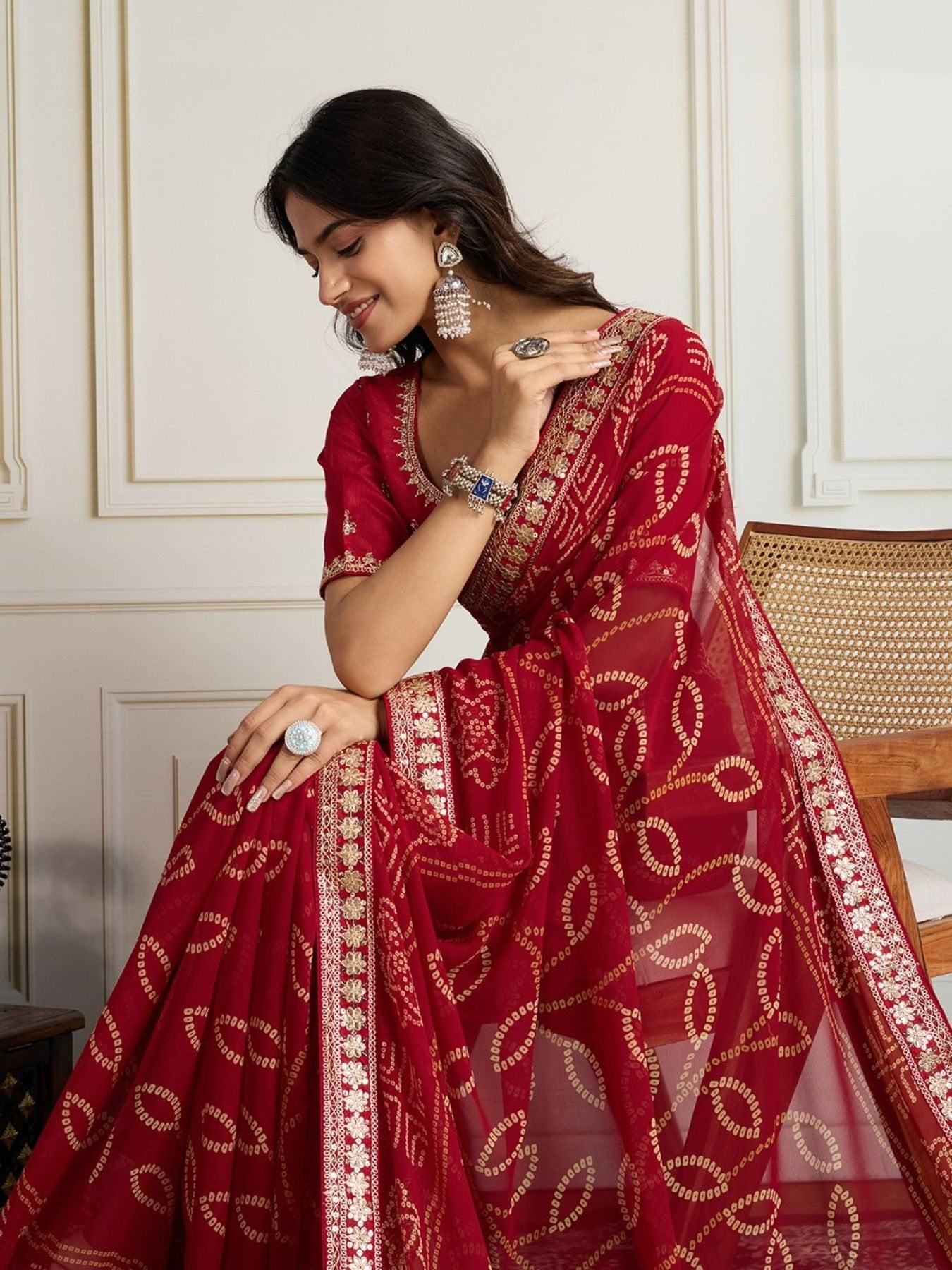 Red Georgette Saree for women - full front view | Snyvia