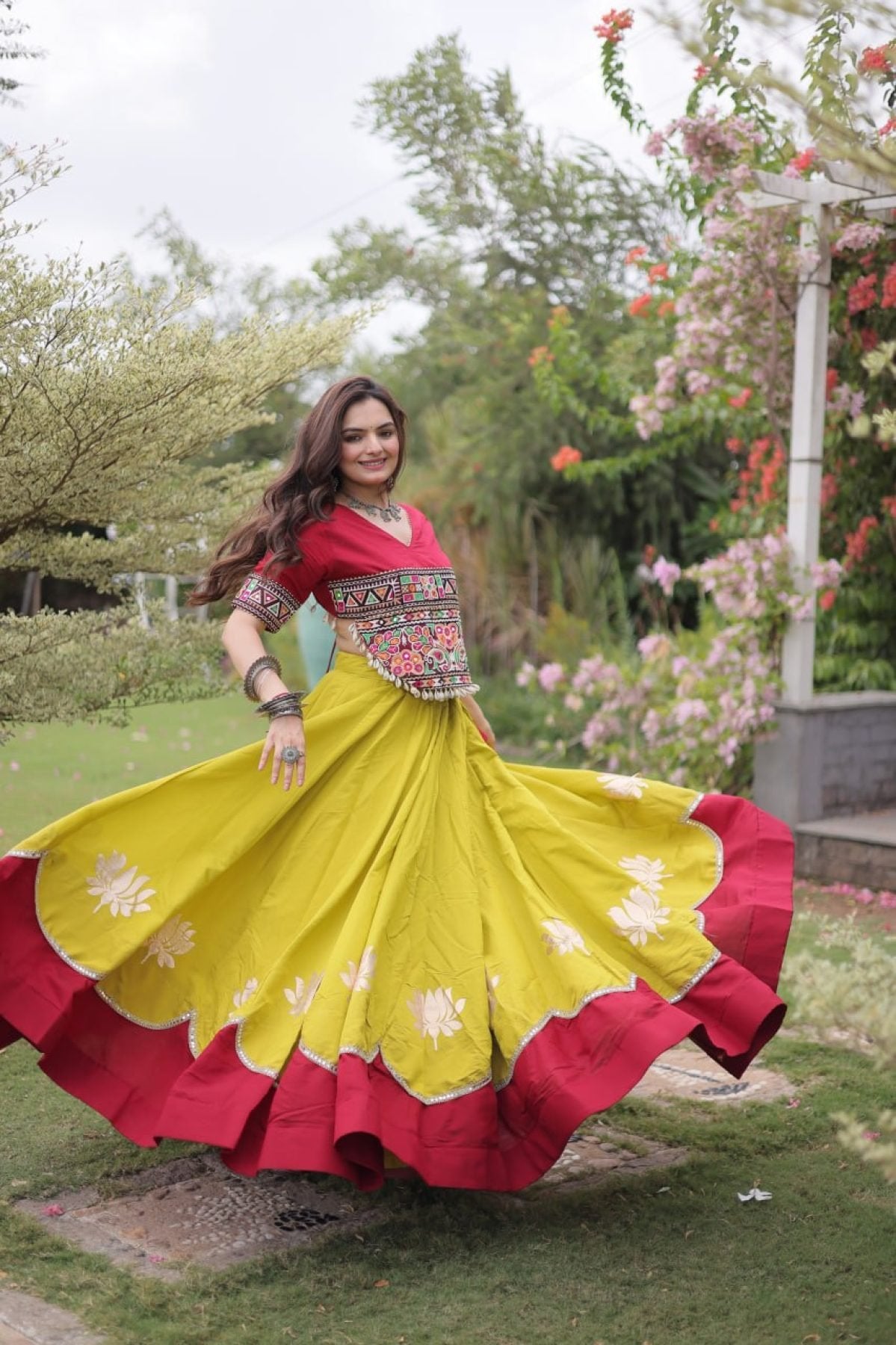 Roman Fabric Navratri Lehenga Choli with Kutchi Gamthi Embroidery Work back view