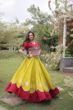 Roman Fabric Navratri Lehenga Choli with Kutchi Gamthi Embroidery Work styling view