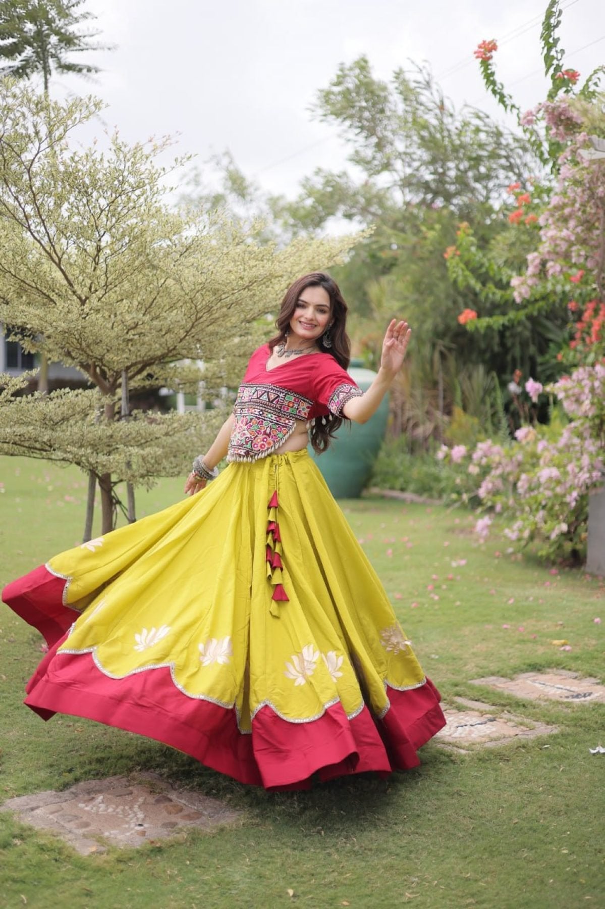Roman Fabric Navratri Lehenga Choli with Kutchi Gamthi Embroidery Work front view