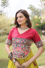 Roman Fabric Navratri Lehenga Choli with Kutchi Gamthi Embroidery Work full drape view