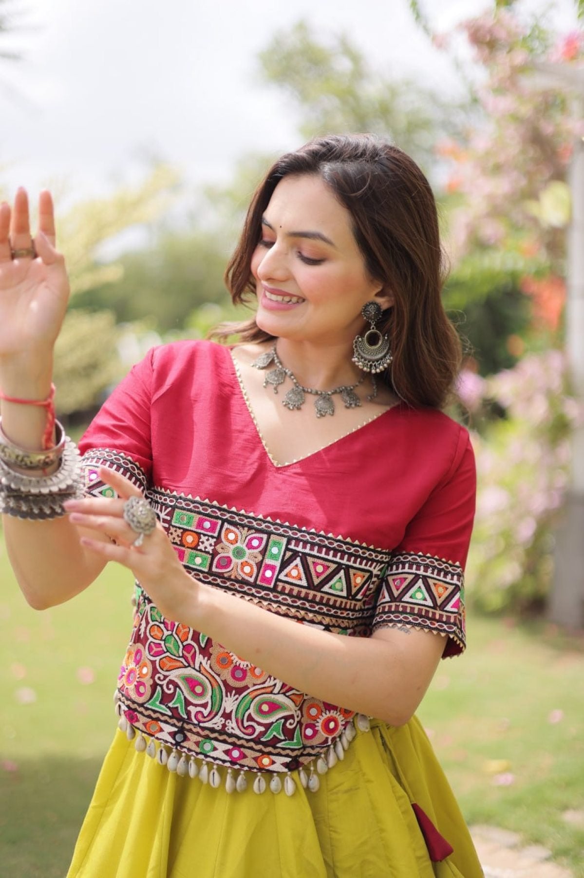 Roman Fabric Navratri Lehenga Choli with Kutchi Gamthi Embroidery Work blouse and dupatta detail