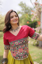 Roman Fabric Navratri Lehenga Choli with Kutchi Gamthi Embroidery Work detailed view