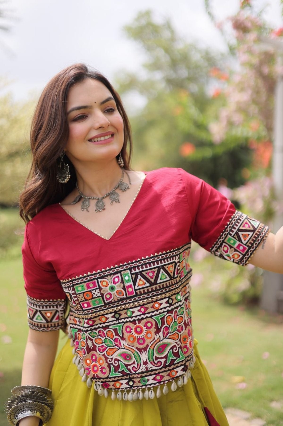 Roman Fabric Navratri Lehenga Choli with Kutchi Gamthi Embroidery Work detailed view