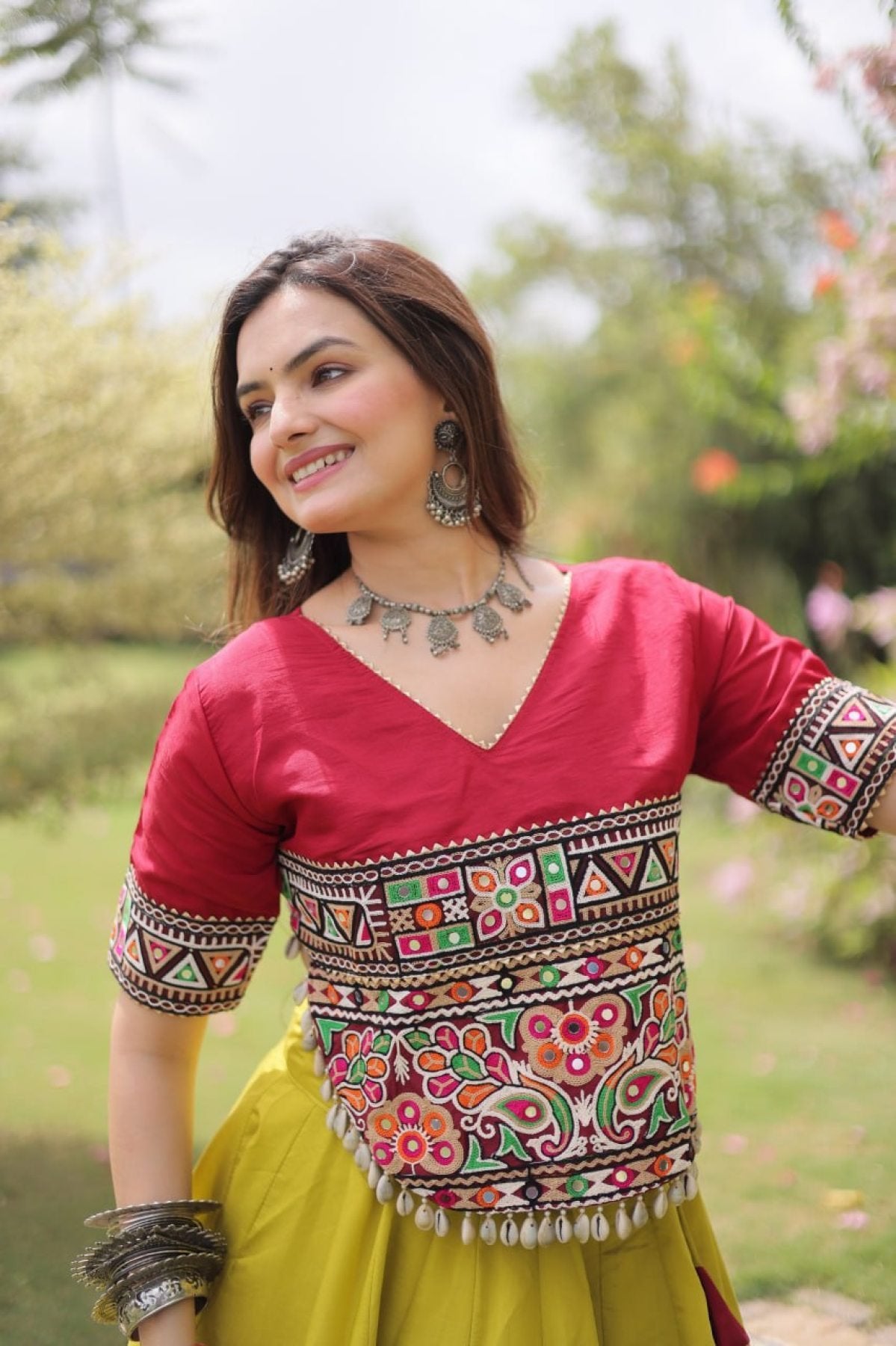 Roman Fabric Navratri Lehenga Choli with Kutchi Gamthi Embroidery Work detailed view