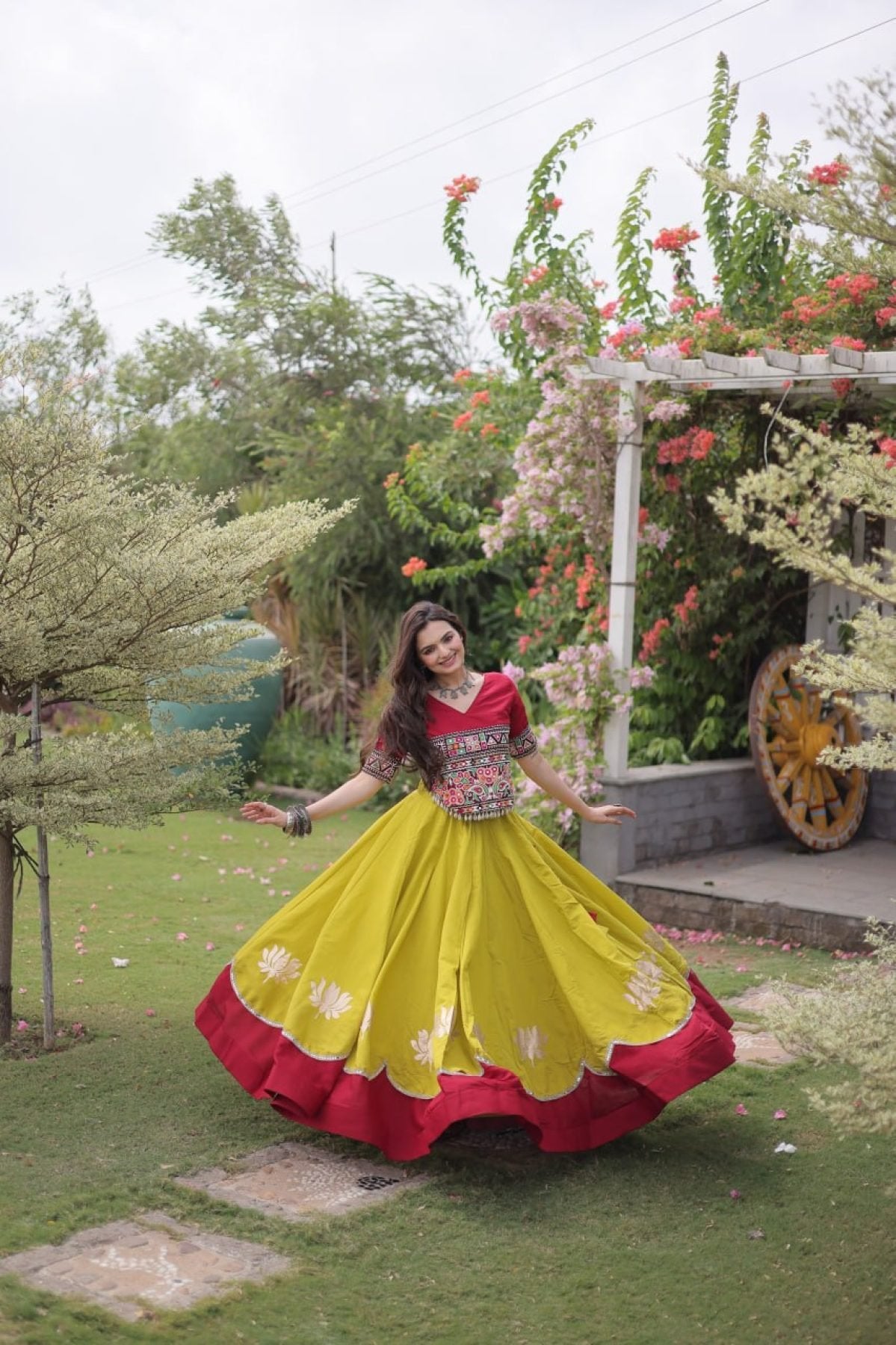 Roman Fabric Navratri Lehenga Choli with Kutchi Gamthi Embroidery Work back view
