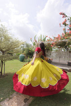 Roman Fabric Navratri Lehenga Choli with Kutchi Gamthi Embroidery Work styling view