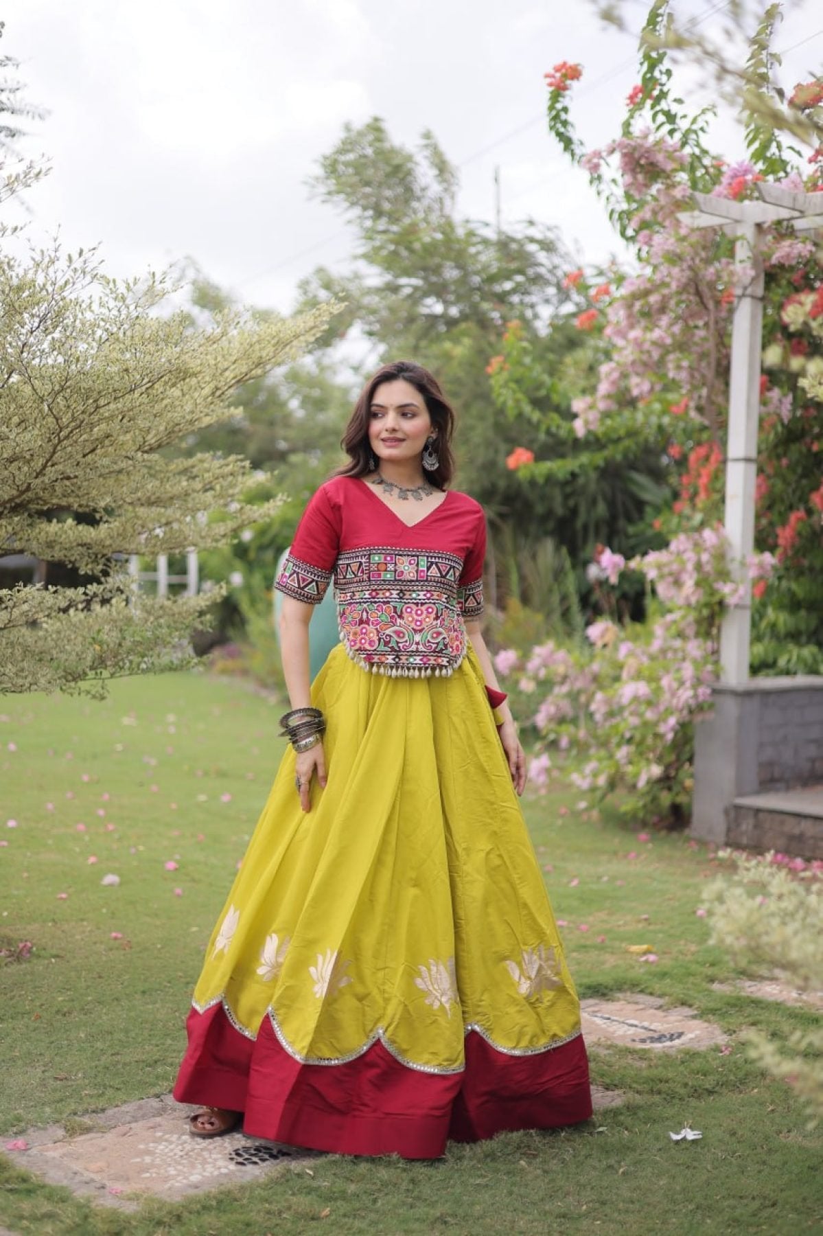 Roman Fabric Navratri Lehenga Choli with Kutchi Gamthi Embroidery Work styling view
