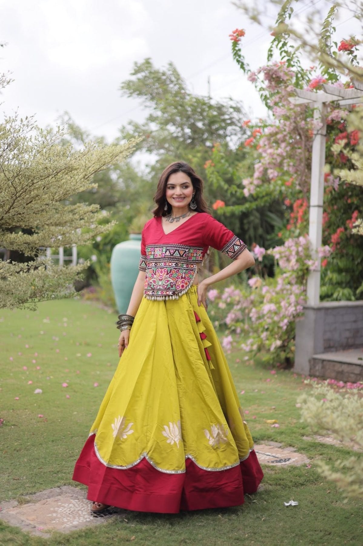Roman Fabric Navratri Lehenga Choli with Kutchi Gamthi Embroidery Work front view