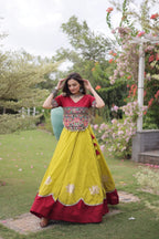 Roman Fabric Navratri Lehenga Choli with Kutchi Gamthi Embroidery Work full drape view