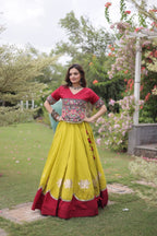 Roman Fabric Navratri Lehenga Choli with Kutchi Gamthi Embroidery Work blouse and dupatta detail