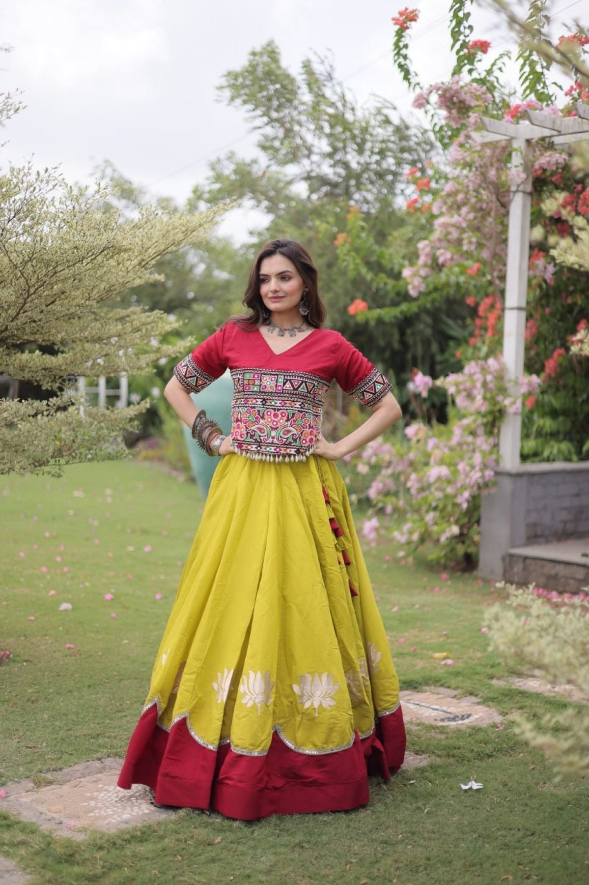 Roman Fabric Navratri Lehenga Choli with Kutchi Gamthi Embroidery Work blouse and dupatta detail