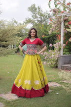 Roman Fabric Navratri Lehenga Choli with Kutchi Gamthi Embroidery Work detailed view