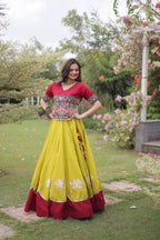 Roman Fabric Navratri Lehenga Choli with Kutchi Gamthi Embroidery Work detailed view