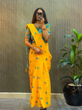 Yellow Linen Saree for women - full front view | Snyvia