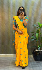 Yellow Linen Saree - drape and pallu detail