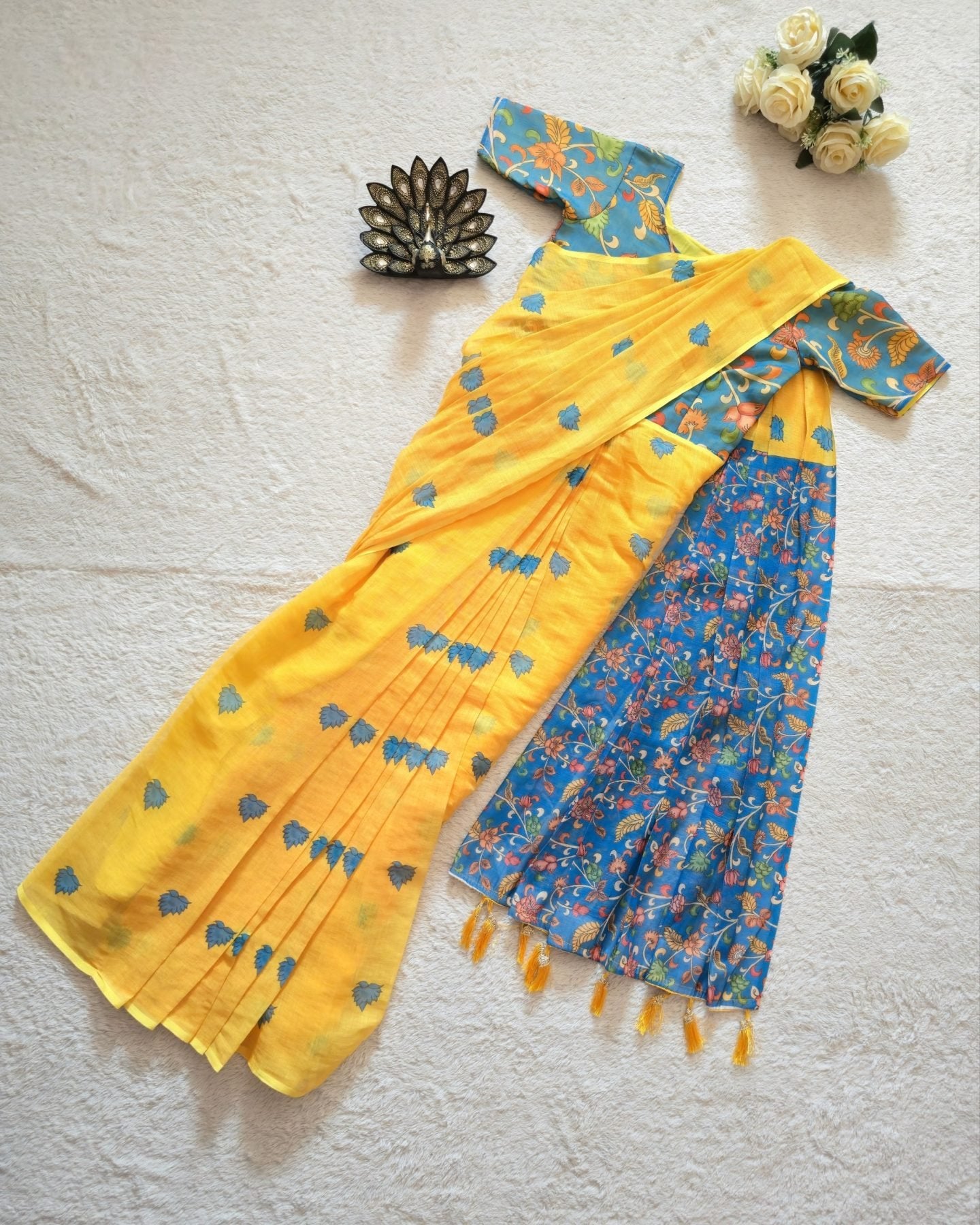 Yellow Linen Saree - embroidery work detail