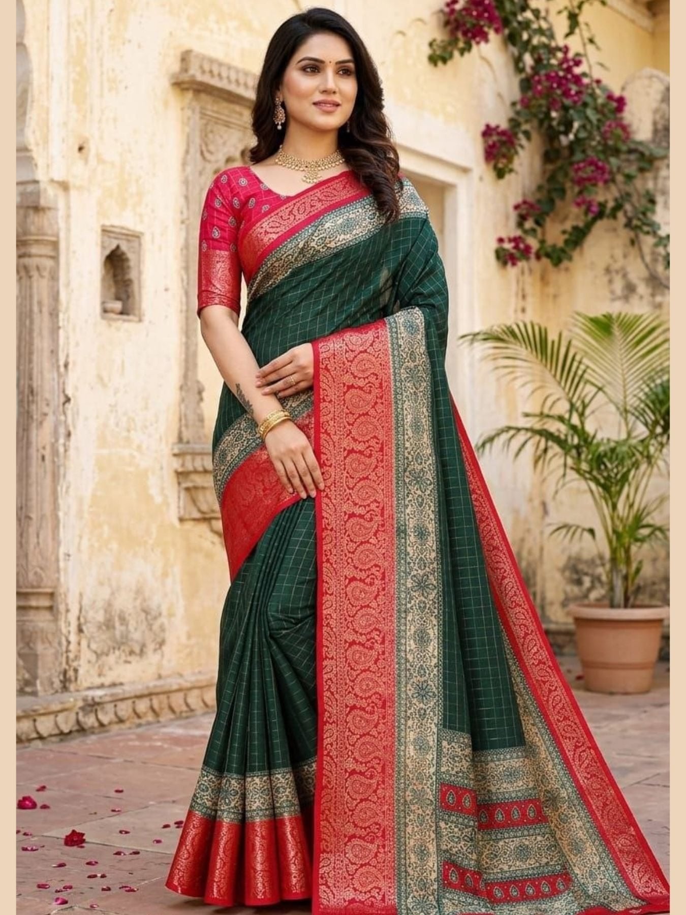 Green Kanjivaram Saree for women - full front view | Snyvia