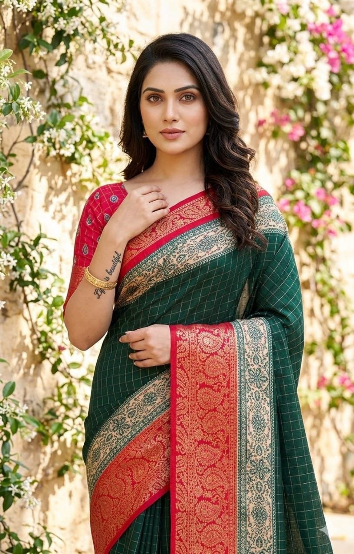 Green Kanjivaram Saree - fabric texture close-up