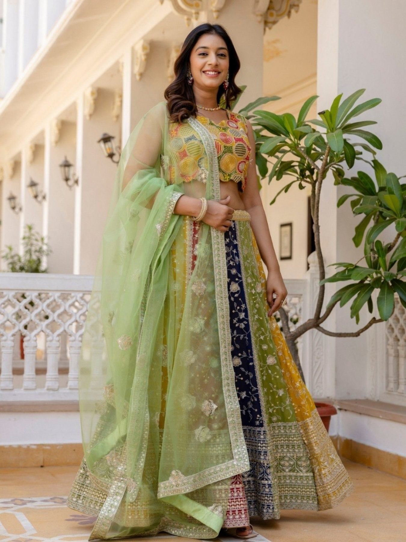 Mutli Faux Georgette Lehenga Choli with Heavy Sequins Embroidery blouse and dupatta detail