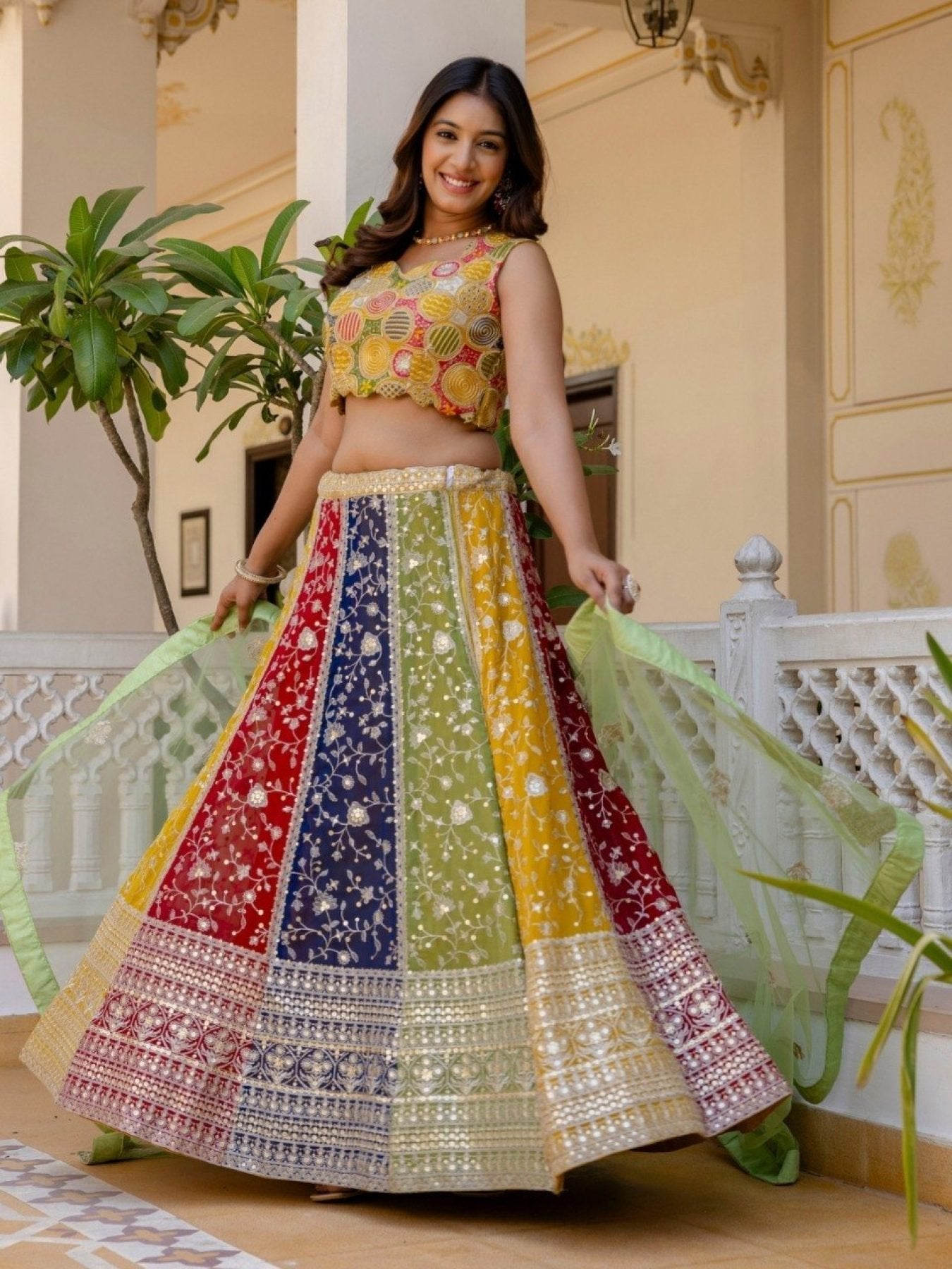 Mutli Faux Georgette Lehenga Choli with Heavy Sequins Embroidery detailed view
