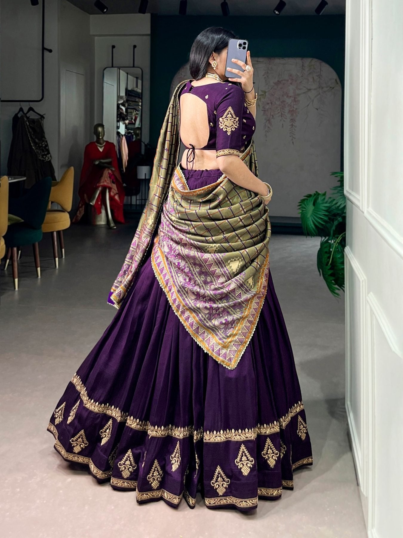 Vichitra Silk Lehenga Choli with Sequins Embroidery for Wedding Wear full drape view