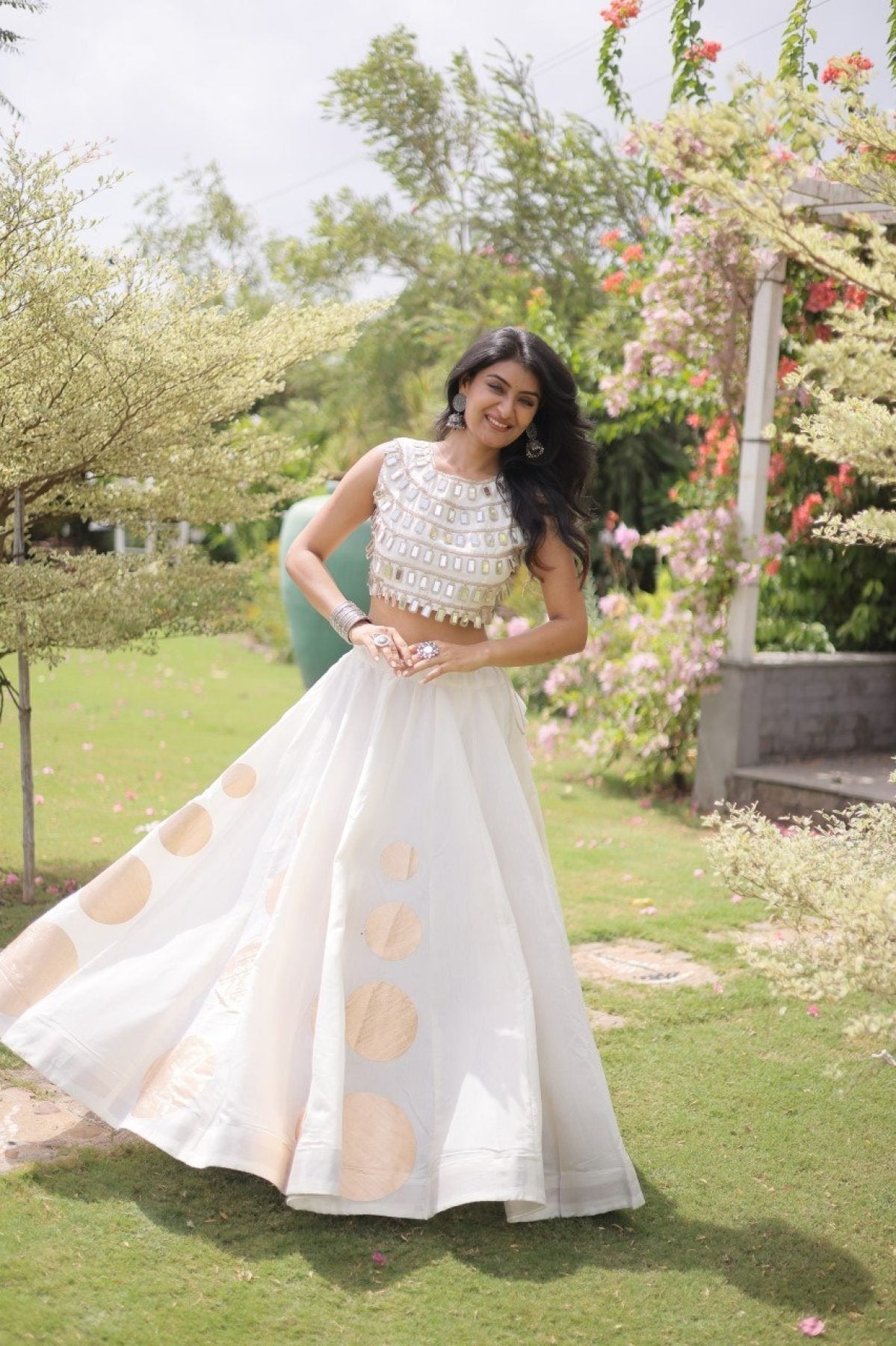 Roman Silk Navratri Lehenga Choli with Mirror Lace Work and 6 Meter Flair front view