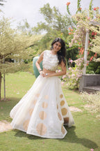 Roman Silk Navratri Lehenga Choli with Mirror Lace Work and 6 Meter Flair full drape view