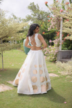 Roman Silk Navratri Lehenga Choli with Mirror Lace Work and 6 Meter Flair blouse and dupatta detail