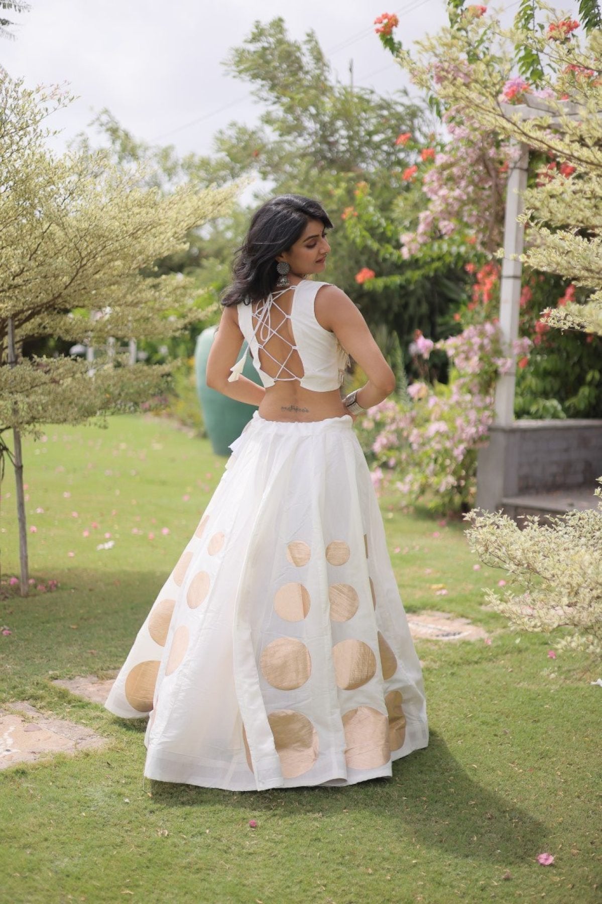 Roman Silk Navratri Lehenga Choli with Mirror Lace Work and 6 Meter Flair blouse and dupatta detail