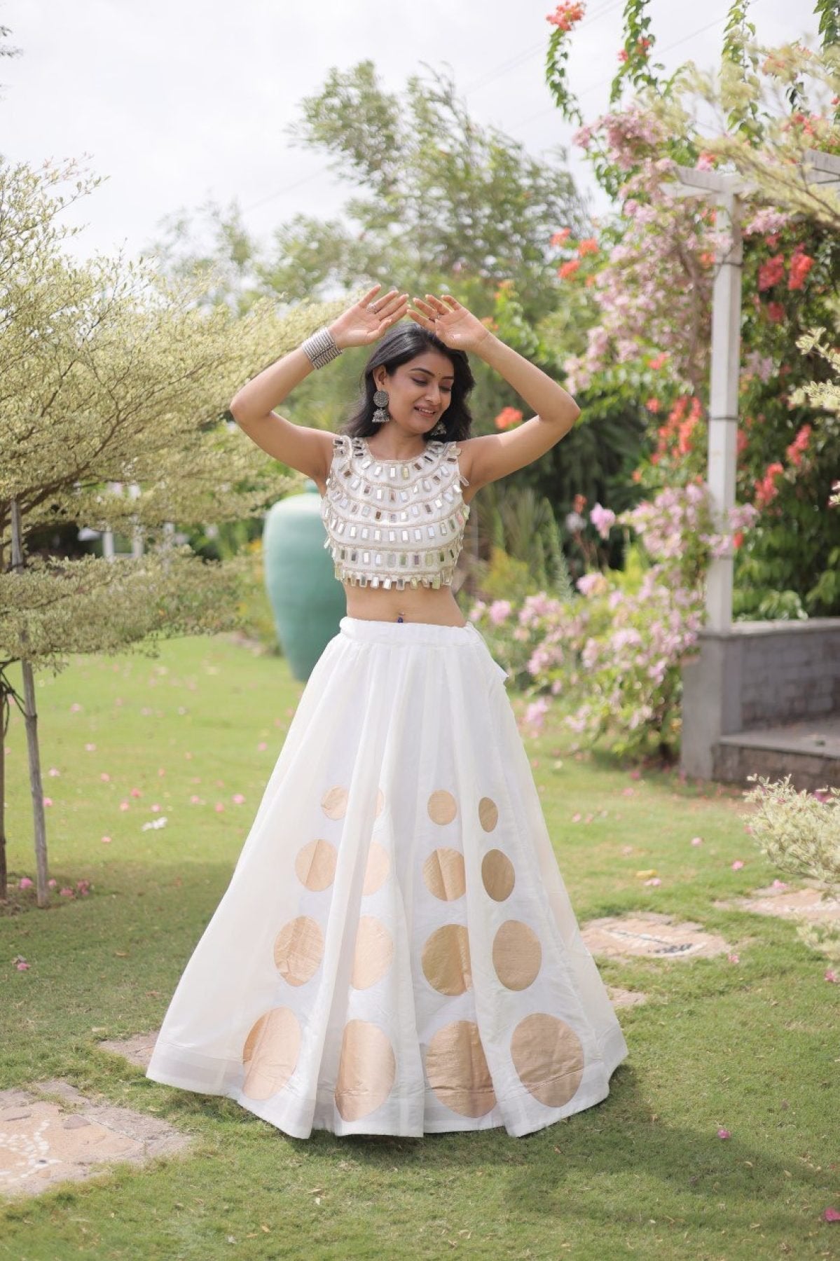 Roman Silk Navratri Lehenga Choli with Mirror Lace Work and 6 Meter Flair front view