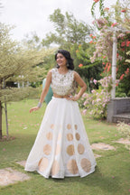 Roman Silk Navratri Lehenga Choli with Mirror Lace Work and 6 Meter Flair full drape view
