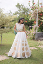 Roman Silk Navratri Lehenga Choli with Mirror Lace Work and 6 Meter Flair blouse and dupatta detail