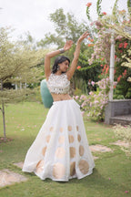 Roman Silk Navratri Lehenga Choli with Mirror Lace Work and 6 Meter Flair embroidery close-up