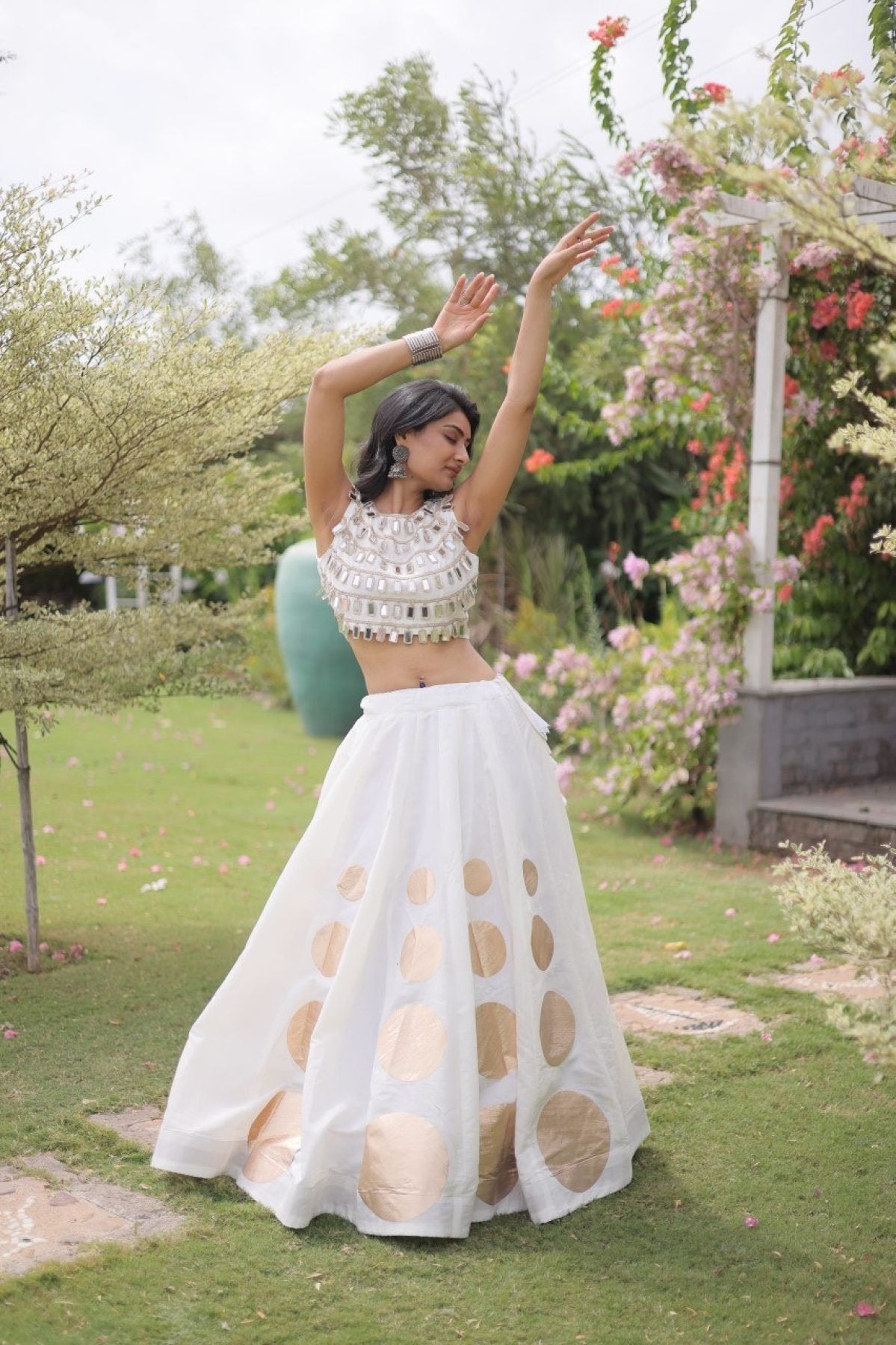 Roman Silk Navratri Lehenga Choli with Mirror Lace Work and 6 Meter Flair embroidery close-up