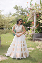 Roman Silk Navratri Lehenga Choli with Mirror Lace Work and 6 Meter Flair fabric texture detail