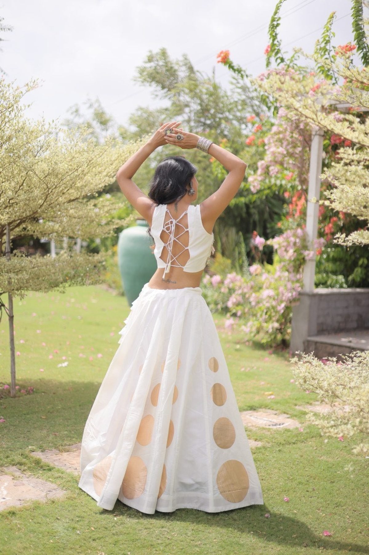Roman Silk Navratri Lehenga Choli with Mirror Lace Work and 6 Meter Flair back view