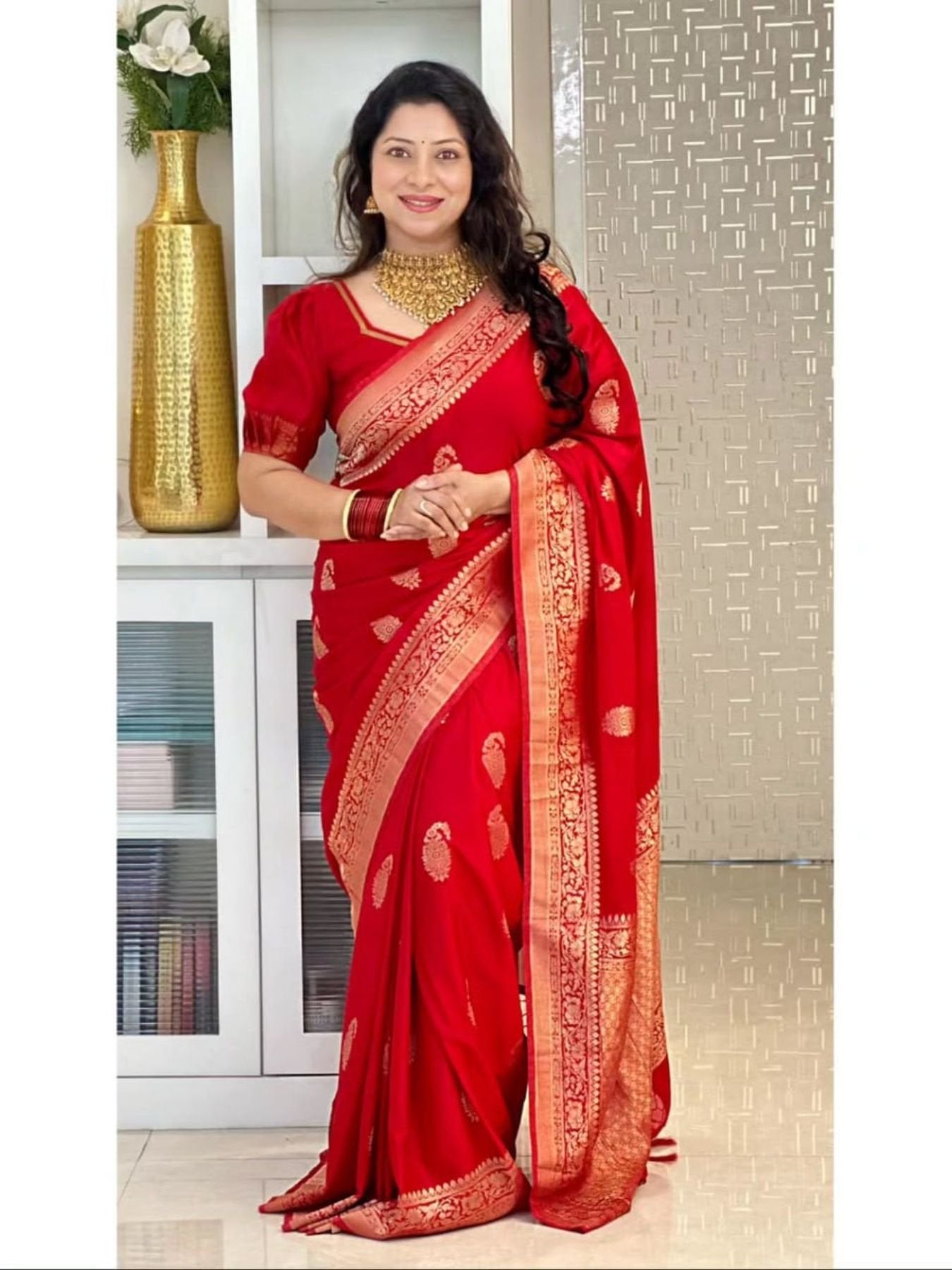Red Banarasi Saree for women - full front view | Snyvia