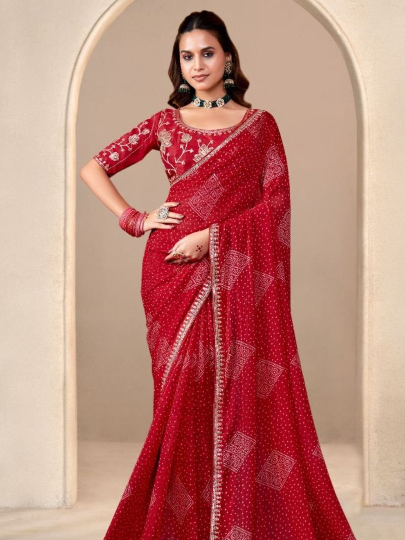Red Georgette Saree for women - full front view | Snyvia