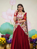 Red Color Kanjivaram Silk Zari Half Saree Lehenga with Linen Printed Dupatta for women | Snyvia