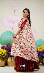 Wine Color Kanjivaram Silk Zari Half Saree Lehenga with Linen Printed Dupatta blouse and dupatta detail