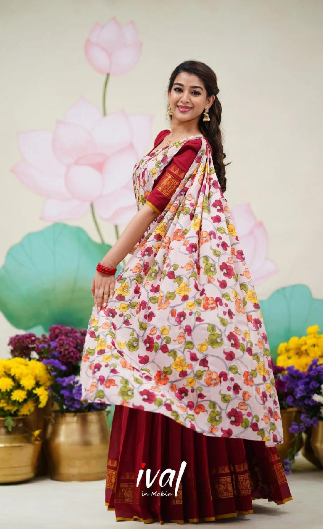 Wine Color Kanjivaram Silk Zari Half Saree Lehenga with Linen Printed Dupatta blouse and dupatta detail