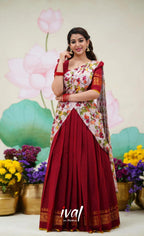 Color Kanjivaram Silk Zari Half Saree Lehenga with Linen Printed Dupatta fabric texture detail