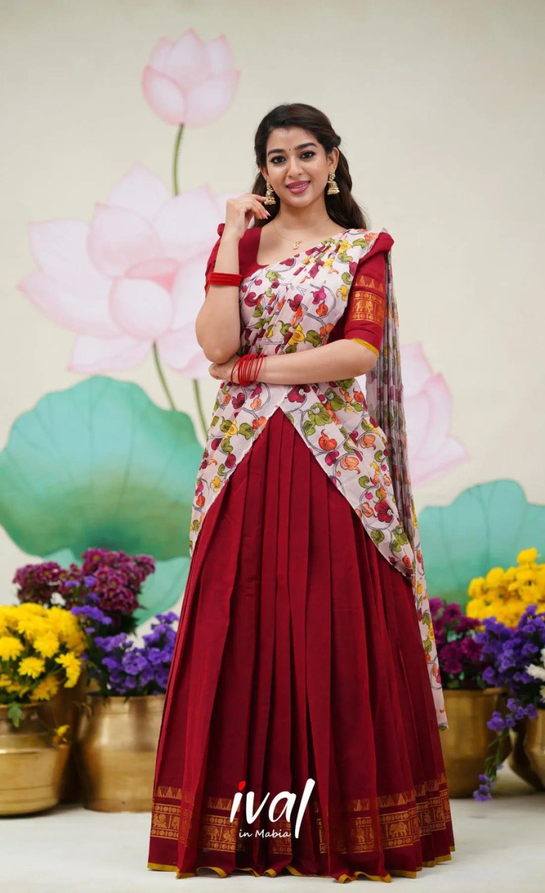 Color Kanjivaram Silk Zari Half Saree Lehenga with Linen Printed Dupatta fabric texture detail