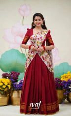 Color Kanjivaram Silk Zari Half Saree Lehenga with Linen Printed Dupatta back view